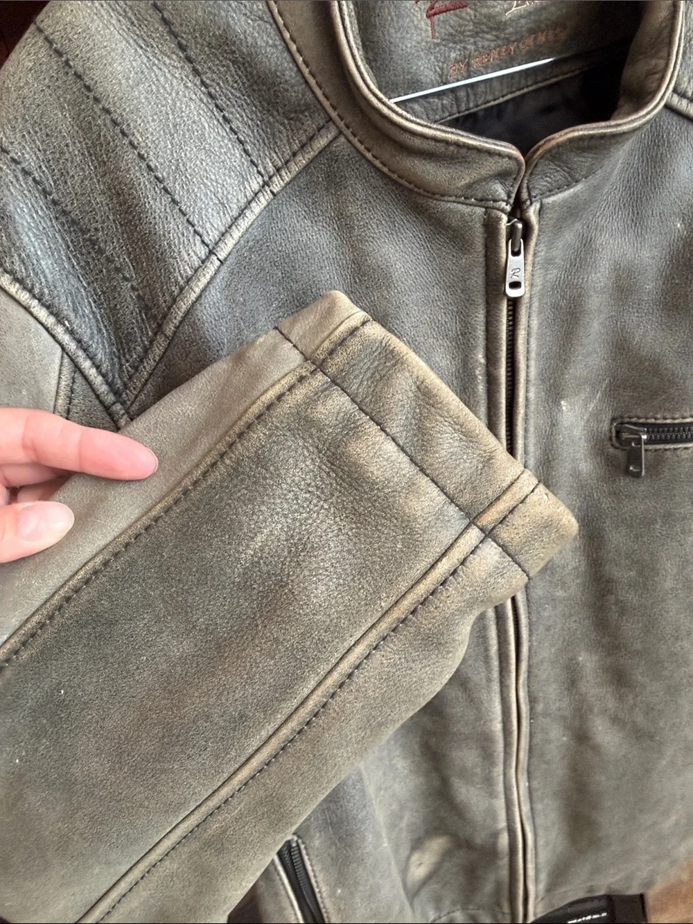 Distressed worn antique washed gray Rogue Leather biker moto motorcycle Jacket X